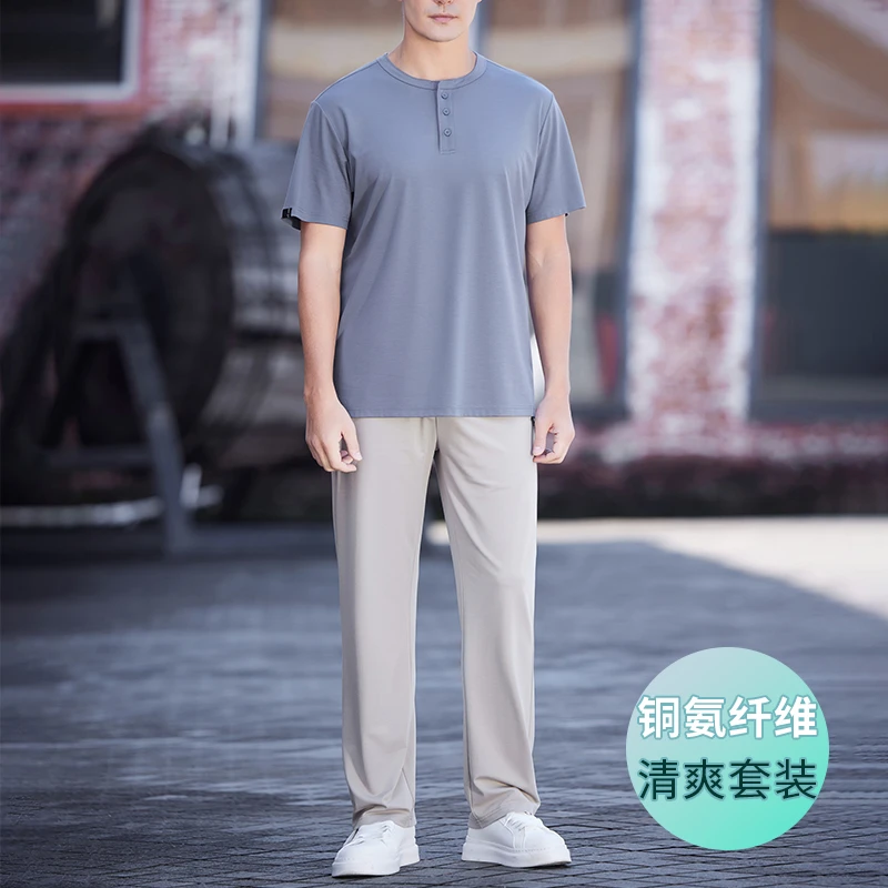 夏季男士薄款精英短袖套装 大码铜氨冰丝亨利领宽松透气凉感衣服