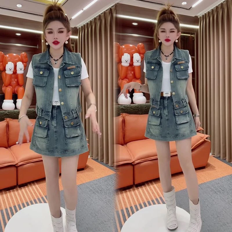 夏季牛仔马甲上衣短裤裙两件套女宽松显瘦休闲牛仔套装