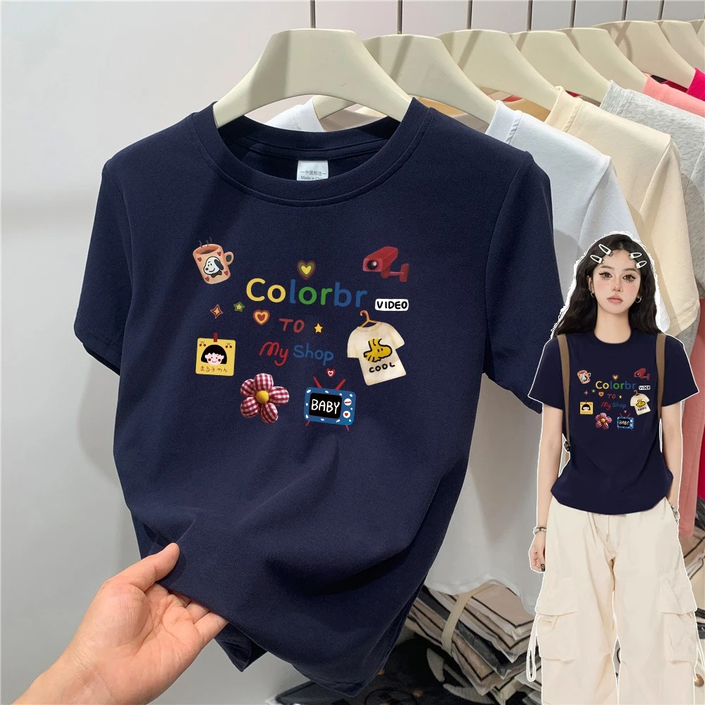 奥特莱斯~外贸清仓藏青色短袖t恤女夏季新款正肩宽松上衣百搭洋气