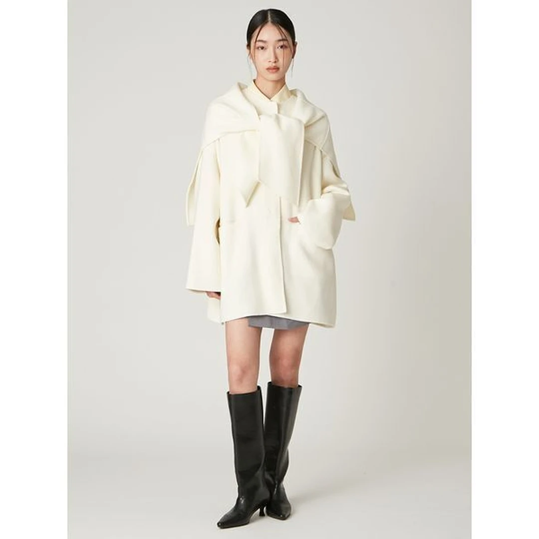 【Montendre】秋季新款 F 气质时尚带围巾的无领翻领中长款毛呢外套