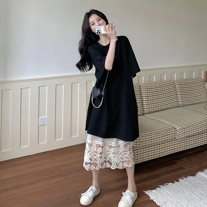 韩系chic慵懒风纯色圆领黑色短袖连衣裙女夏蕾丝网纱拼接宽松裙子