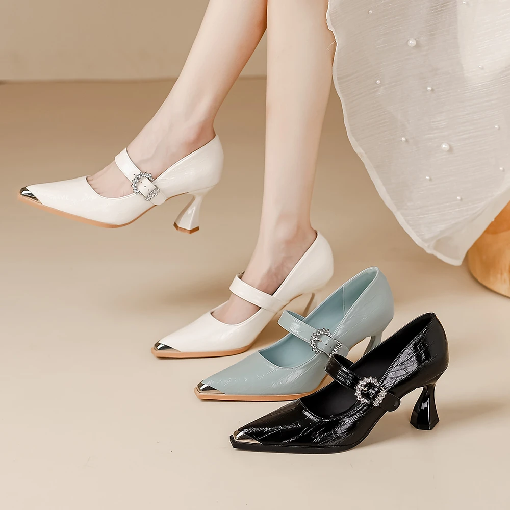 【林下风度】7CM百搭防踢防撞方头粗跟高跟鞋女春夏一字带厚底单鞋