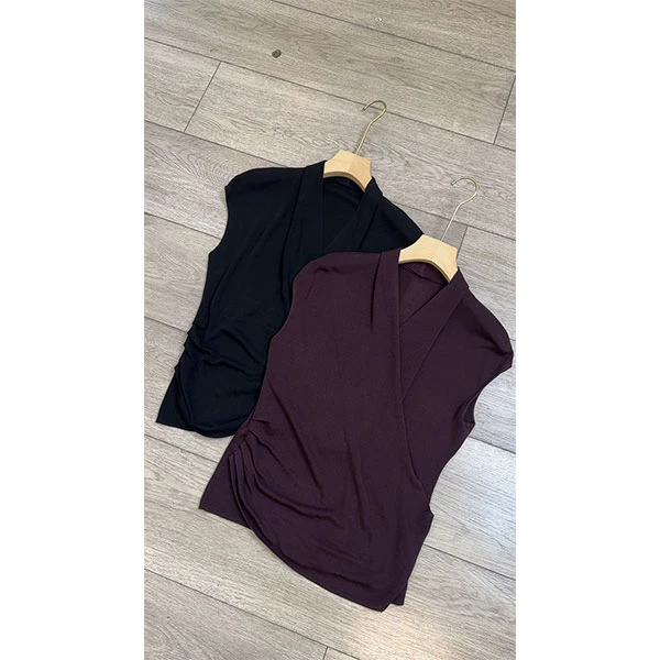 夏款侧面褶皱设计V领交叉时尚百搭款上衣 2505