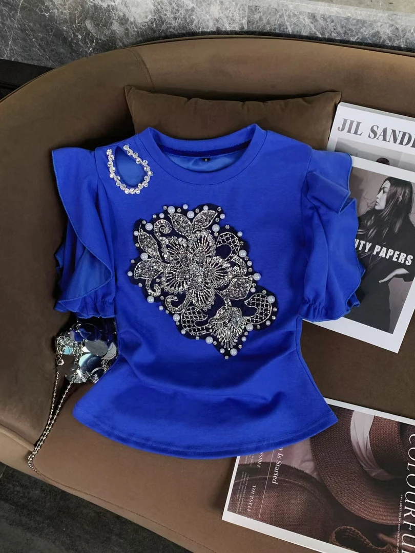 ZHOUYI/周一 法式气质夏季短袖女蓝色重工盘绣T恤轻奢显瘦上衣女