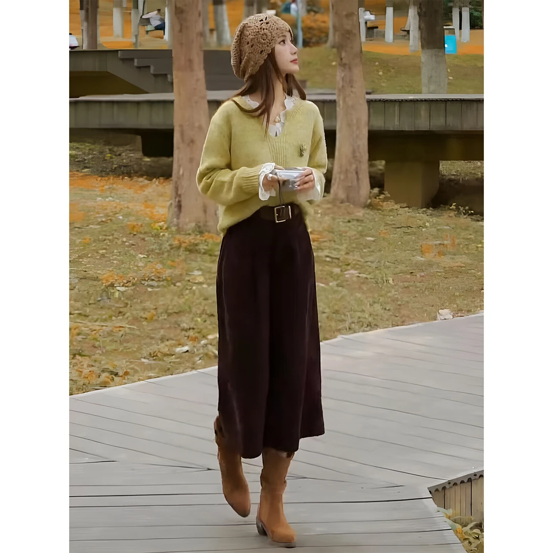 早秋款复古爱尔兰风黄色V领软糯毛衣套装温柔慵懒感宽松针织外套