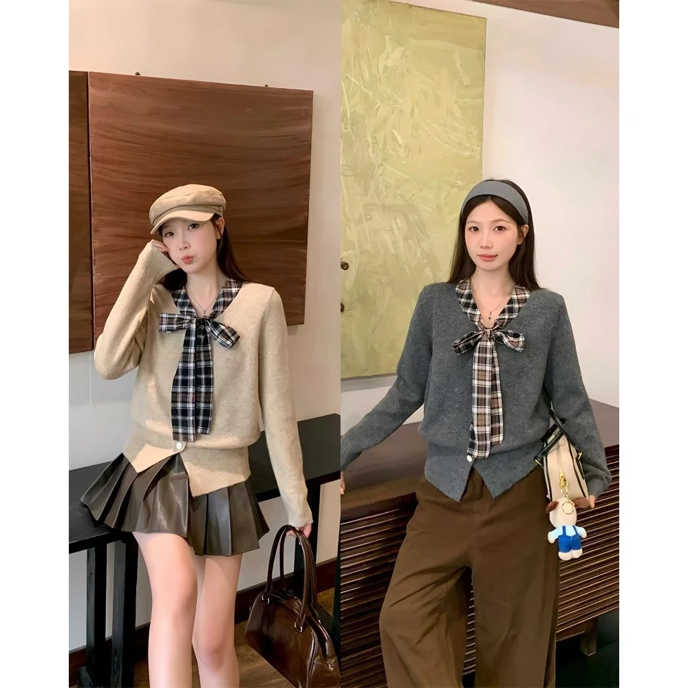 运补【鱼白专属】清胖mm蝴蝶结系带针织开衫法式气质高级毛衣68666