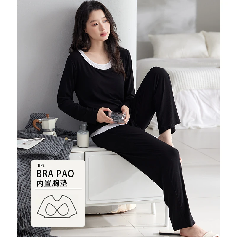 莫代尔女款带胸垫简约时尚假两件可外穿睡衣春秋季长袖长裤家居服