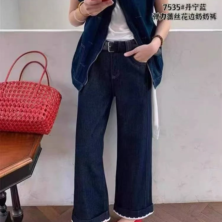 弹力花边牛仔裤秋款修身显瘦高腰直筒休闲宽松