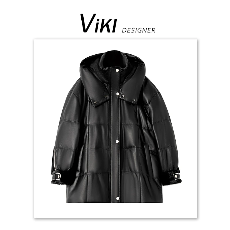 【弦清韵远】海宁新款绵羊皮水貂袖头层真皮白鹅绒羽绒服黑长羽绒服