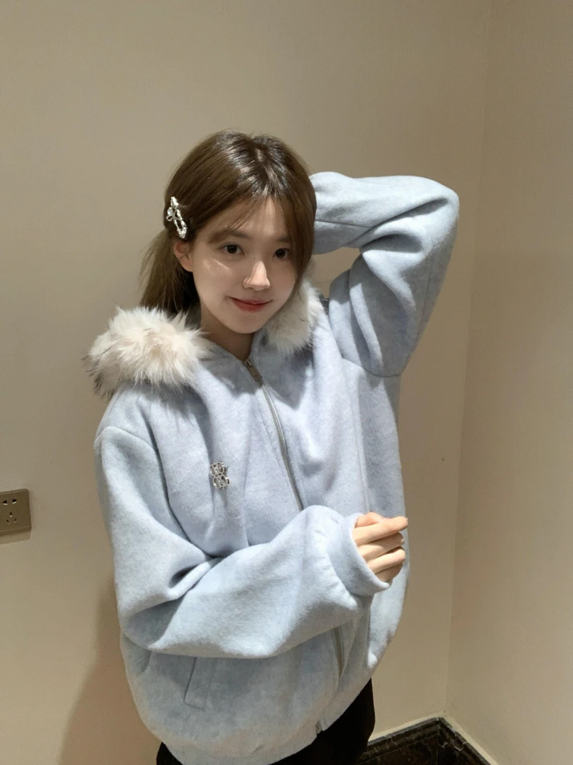 美式高街毛领拉链开衫连帽卫衣女2025秋冬加绒加厚慵懒风学生外套