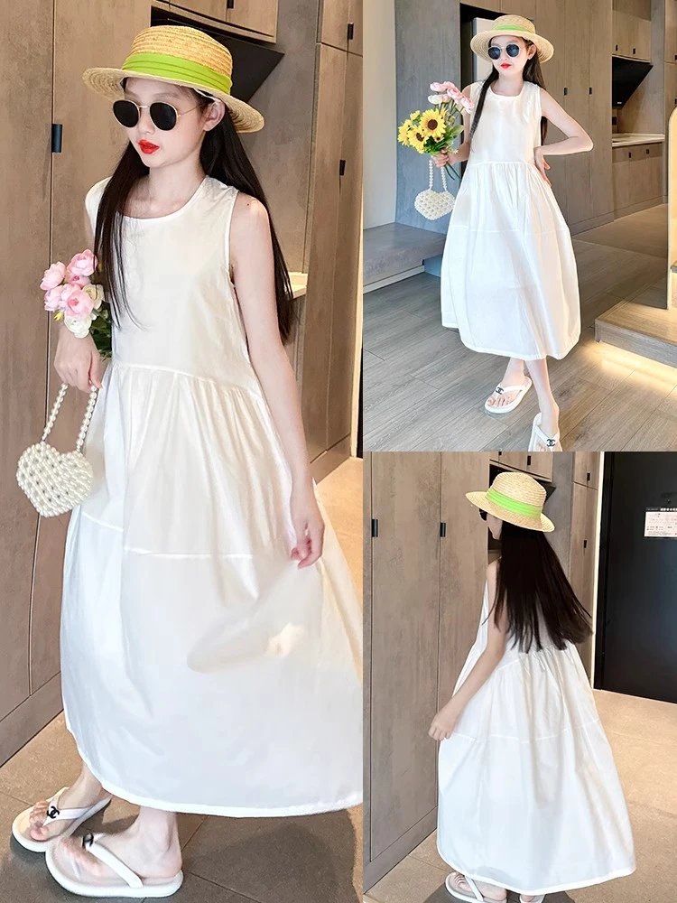 女童夏季韩版无袖连衣裙童装夏季海边度假沙滩公主裙儿童白色裙子