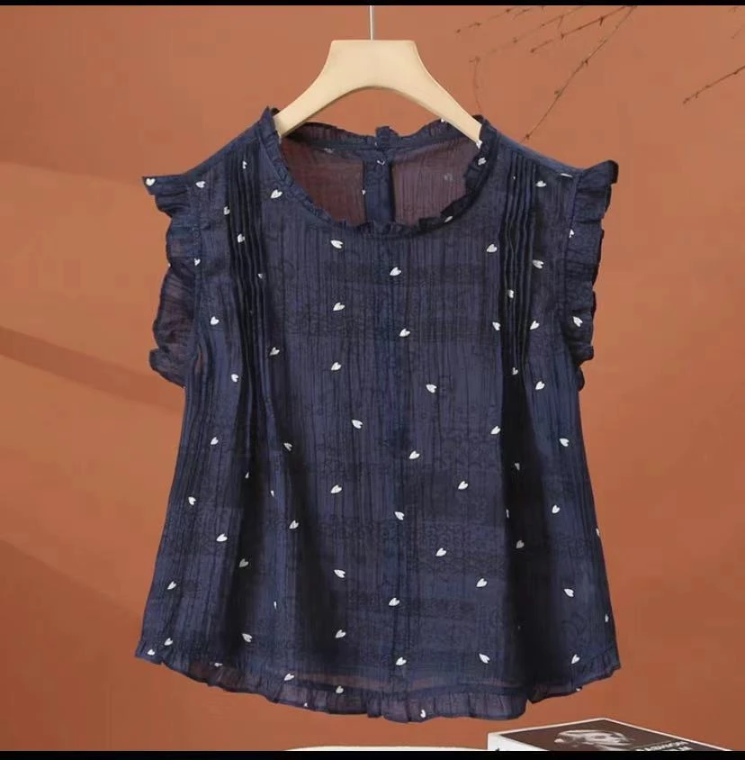 夏季新款爱心提花木耳边设计百搭减龄显瘦气质无袖T恤