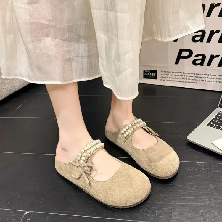 包头拖鞋女夏季新款半糖吐司鞋珍珠蝴蝶结平底半拖勃肯鞋杰W6909