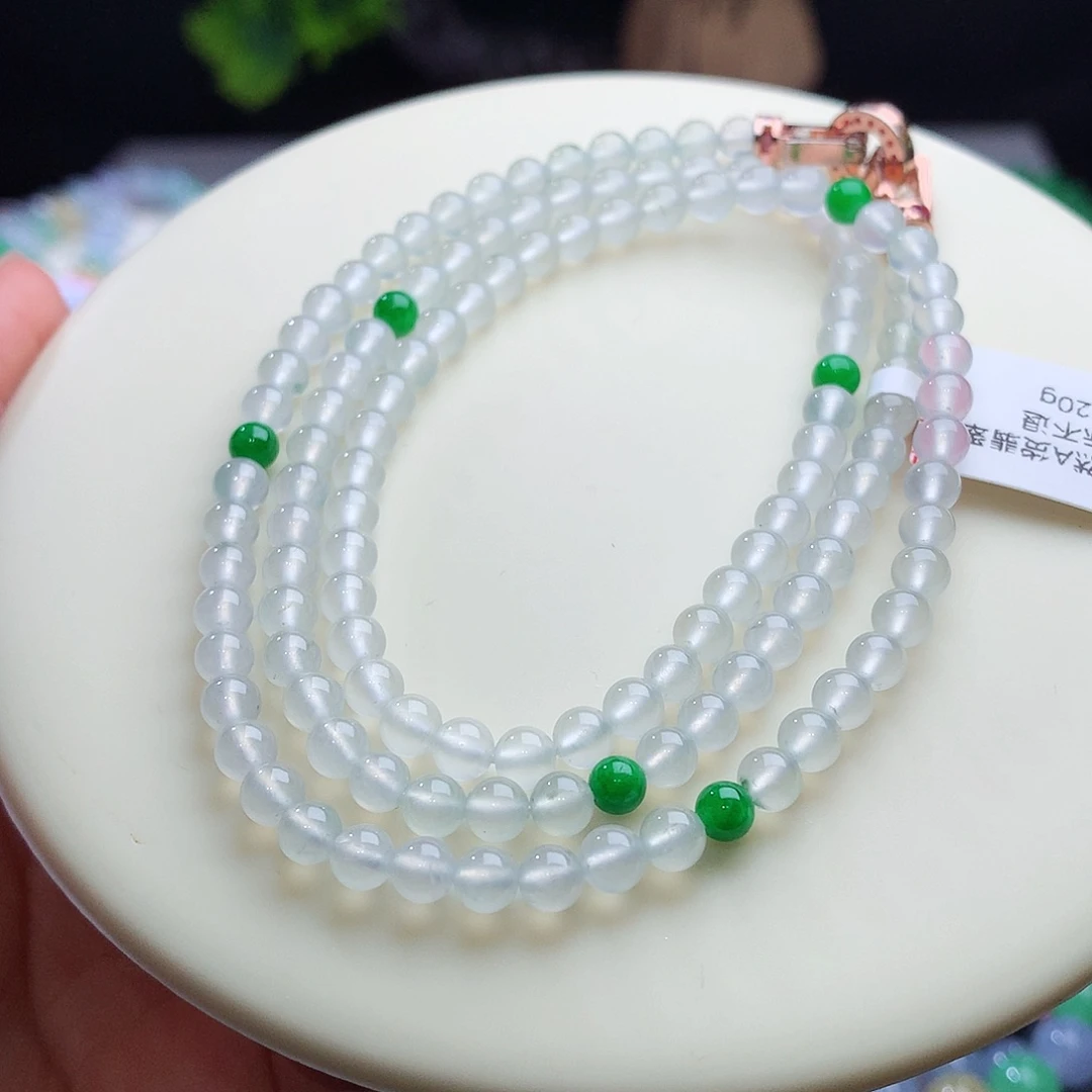 项链未镶嵌翡翠卡4+mm高冰玻璃白钢配辣阳绿