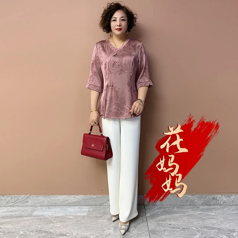 H夏季经典新中式妈妈丝质两件套2025中年洋气女装洋气高贵T恤时尚