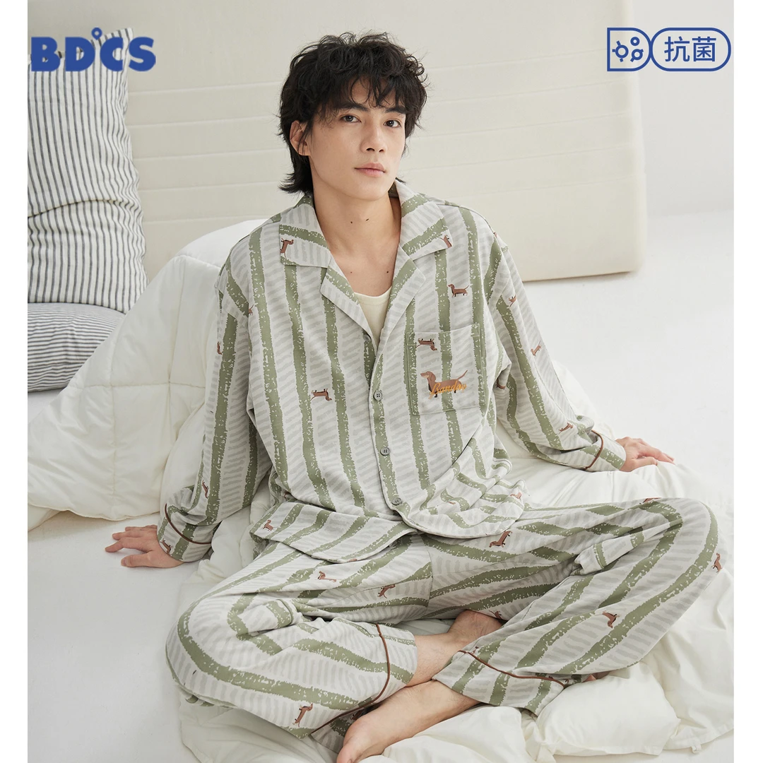 半岛城市秋冬季新款长袖休闲家居服套装纯棉可爱卡通条纹高档睡衣