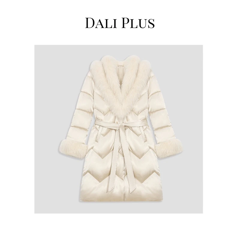 DALI PLUS双层狐狸毛领香槟金白鸭绒服中长款香风羽绒服-23MM0003