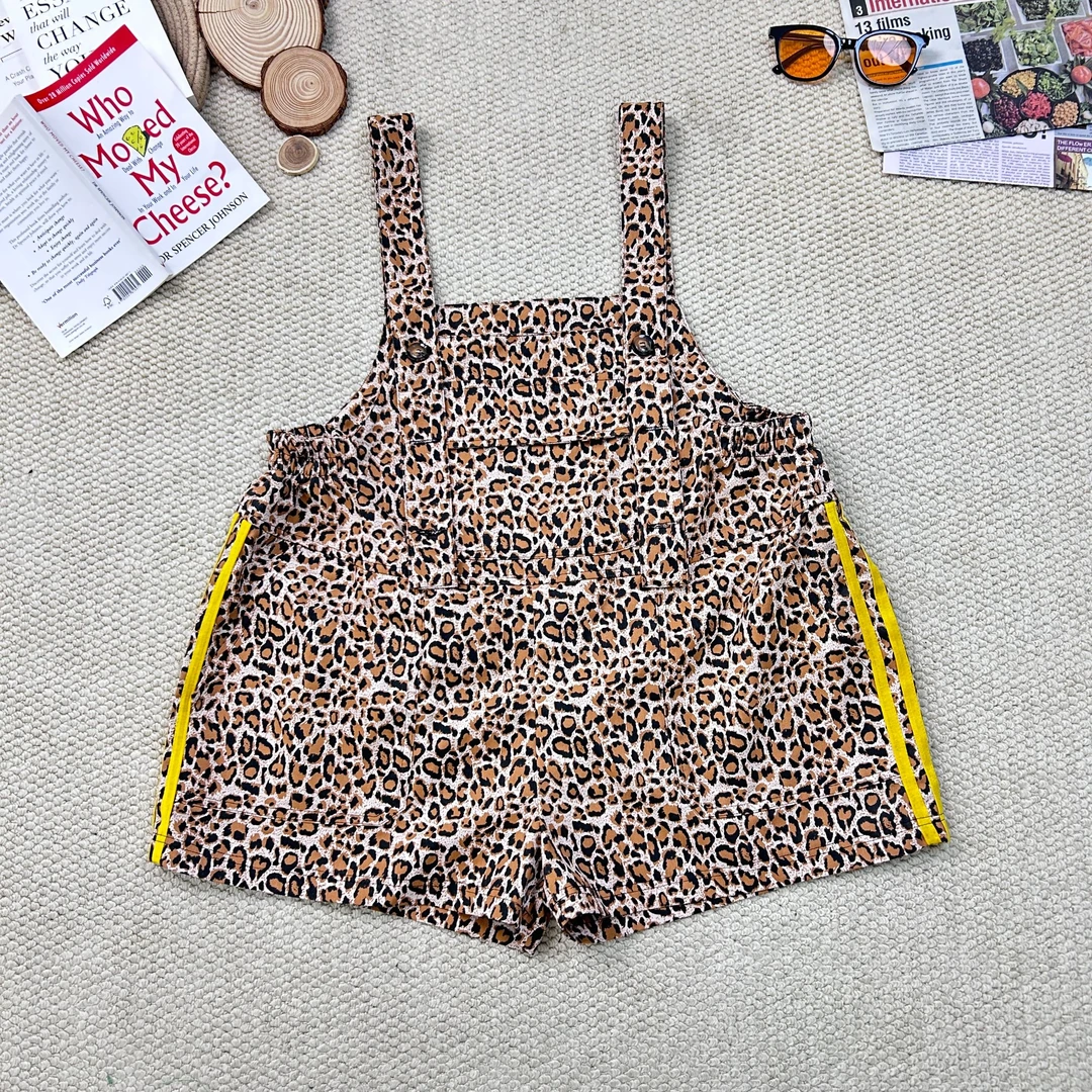 2025夏季新款宽松洗水豹纹时尚休闲背带裤短裤3332