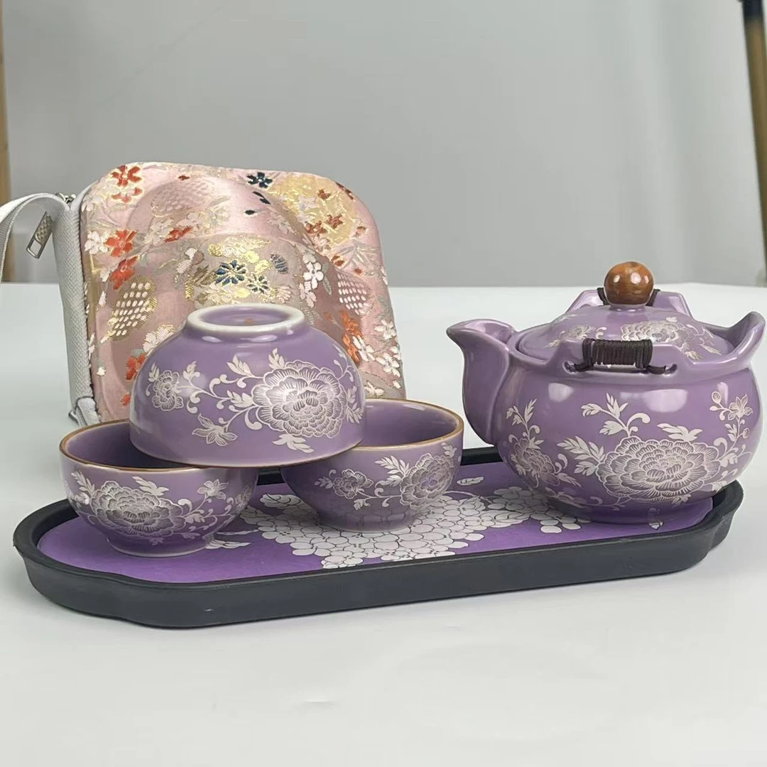 紫韵【白牡丹】1壶3杯+海棠形【白绣球花】紫底-吸水茶盘  CL0510
