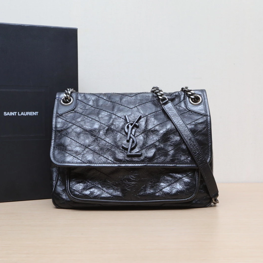 95新 YSL/圣罗兰 【娇】Niki 中号黑色皮革C银扣 705133
