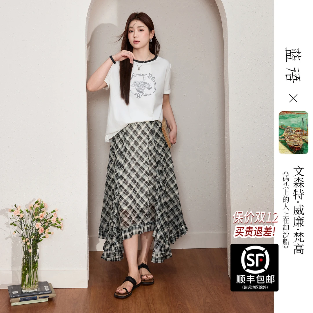 蓝语【梵高联名】大码女装印花短袖T恤美式格纹半身裙夏两件套09970