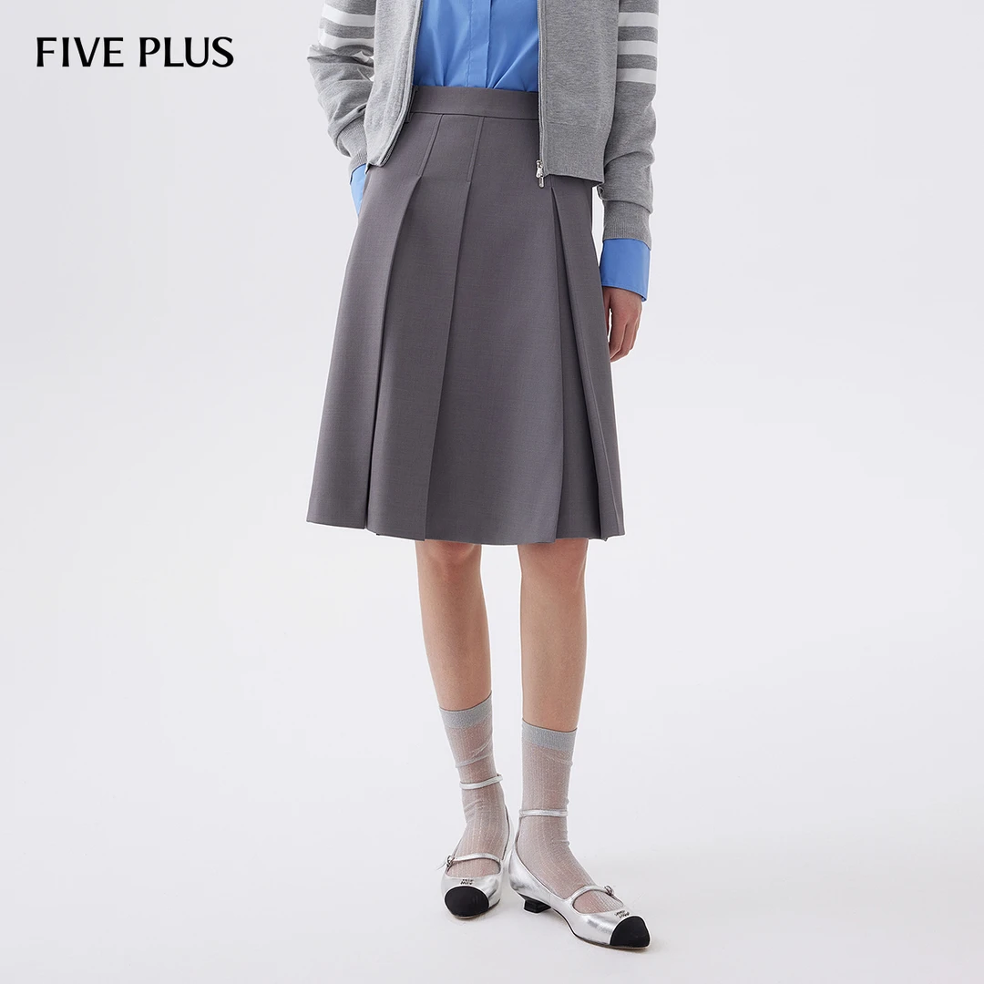 FIVE PLUS秋装学院百褶裙女高腰A字伞裙中长裙子格雷系2LN3074200