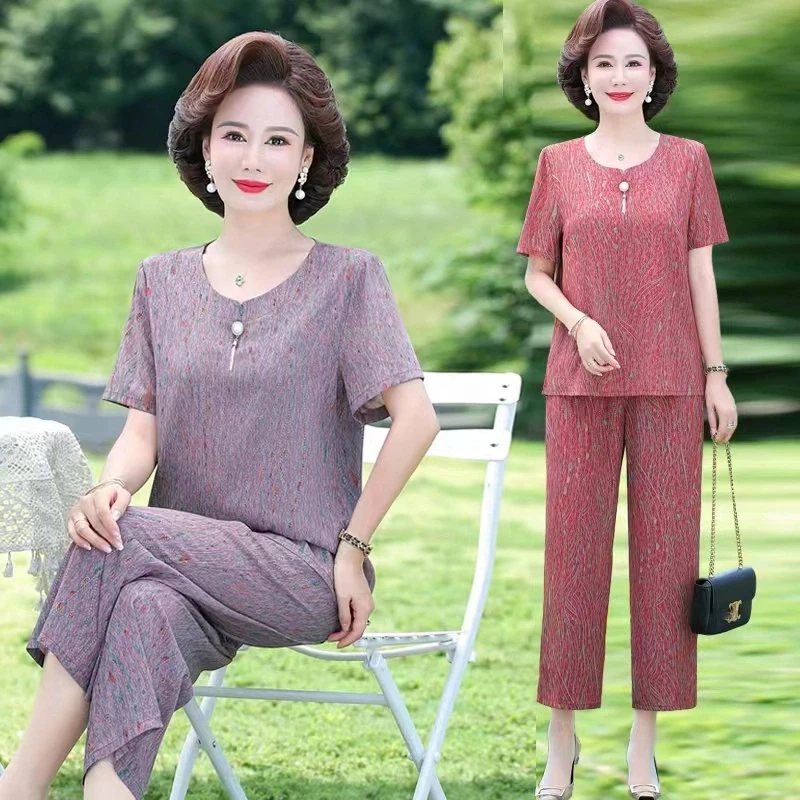 中年妈妈装大码夏款洋气短袖套装中老年女装显瘦气质时尚两件套