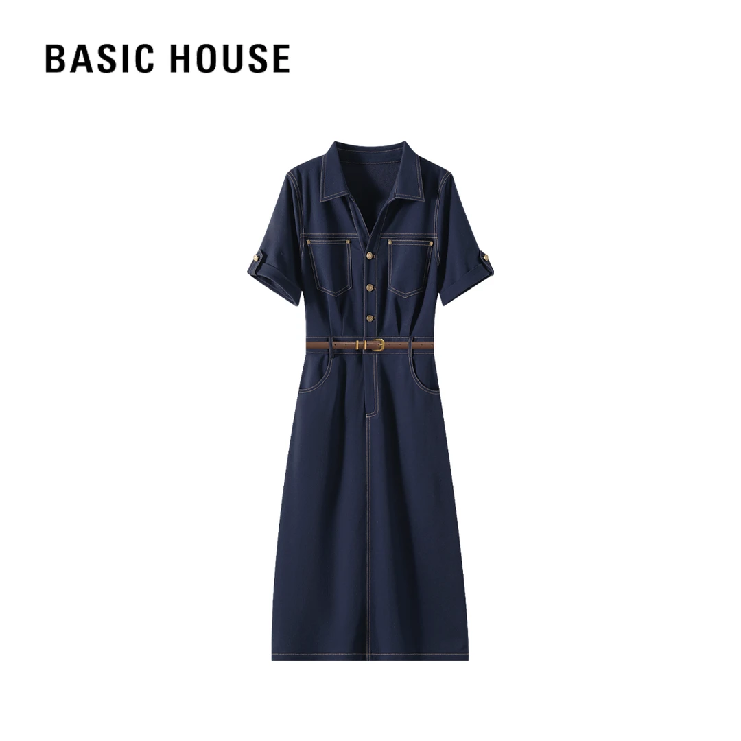 Basic House/百家好D夏季气质轻薄时尚休闲女士法式收腰连衣裙女