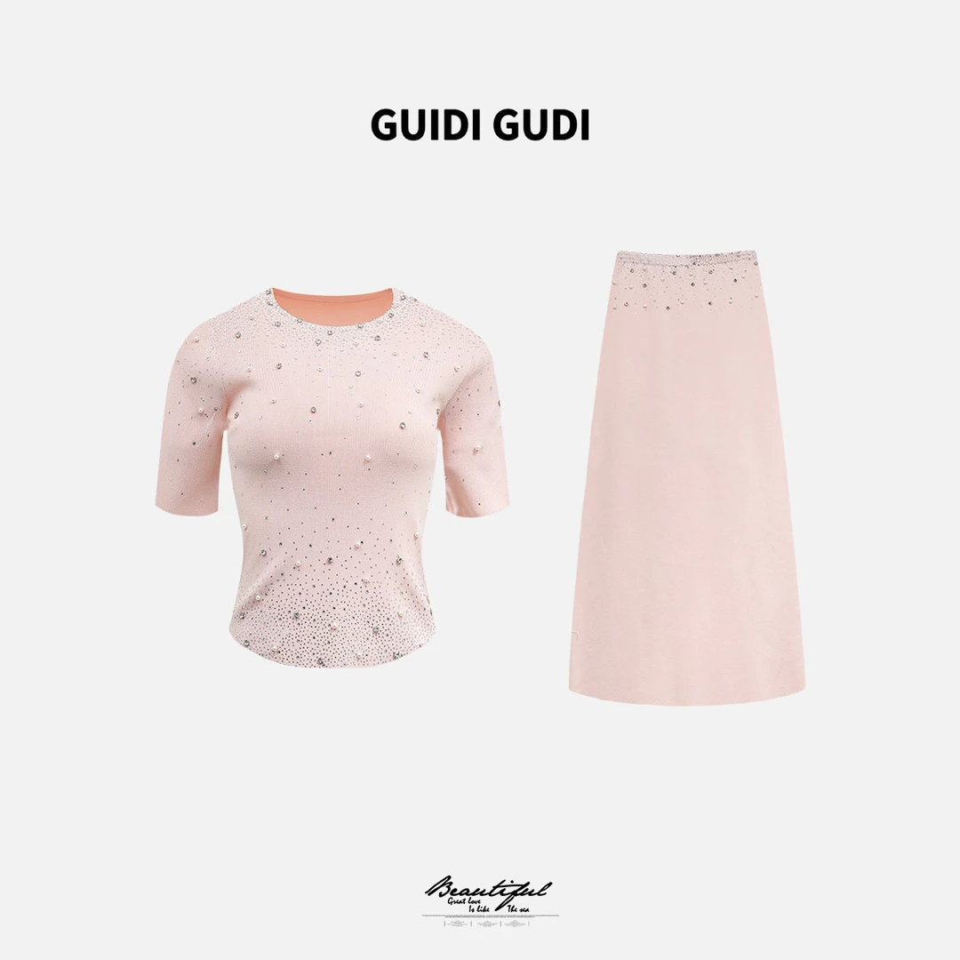 GUIDI GUDI【空无一人】黄加蓝两件套满钻T恤+半裙套装