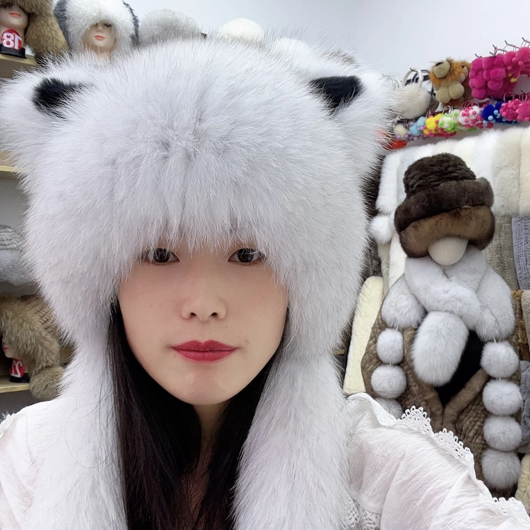 兔毛蓝狐小熊围巾帽