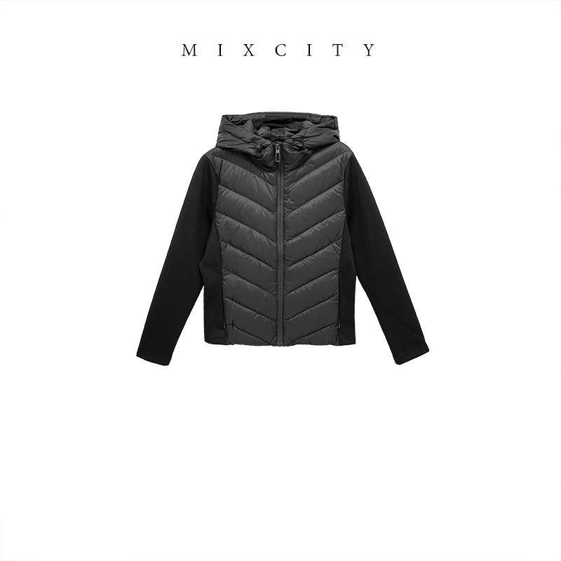 【MIXCITY亚楠家】人字羽绒◆特价款拼接绗缝白鸭绒连帽羽绒服9198
