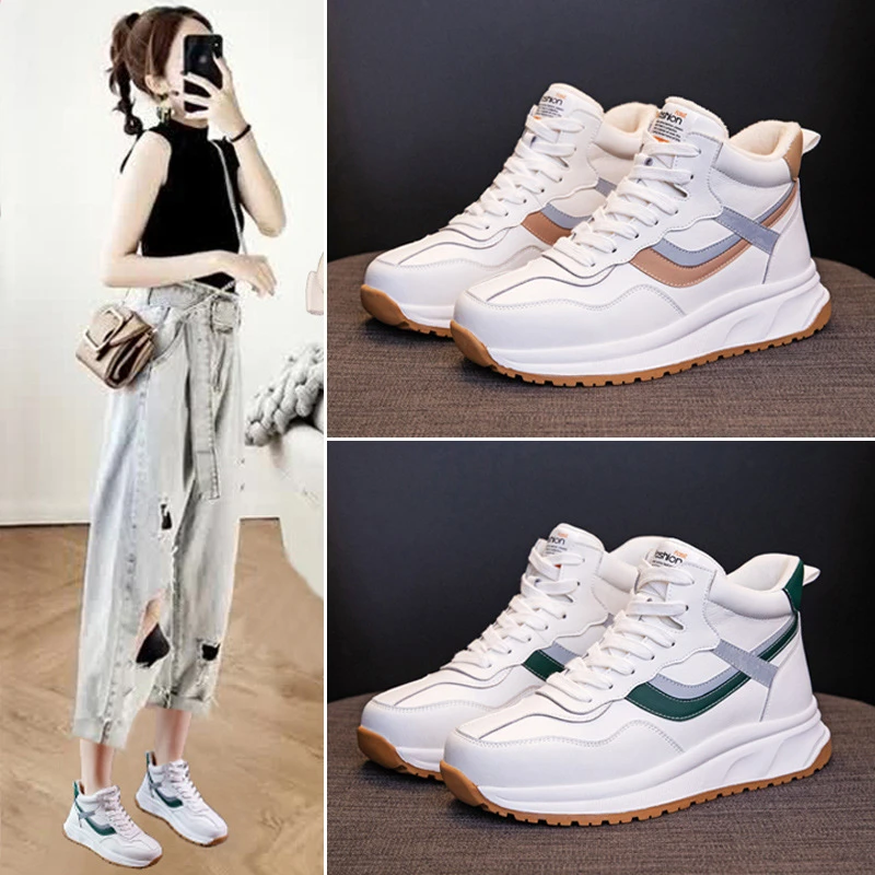 女士2025秋冬新款加厚绒毛时髦潮流网红风纯皮高帮休闲运动阿甘小