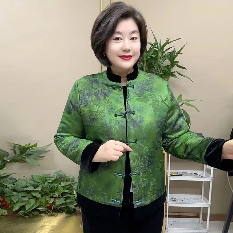 新中式妈妈丝缎拼接丝绒外套洋气中老年女装秋冬国风唐装夹棉上衣