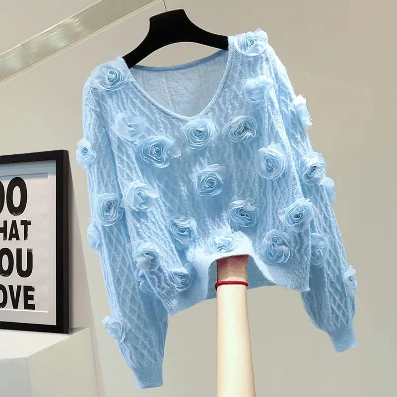 重工花朵镶钻长袖上衣2025春秋韩版宽松显瘦毛衣
