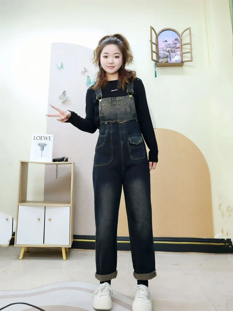 【YY】牛仔裤做旧水洗背带裤连体时尚韩版复古窄版小直筒春夏宽松