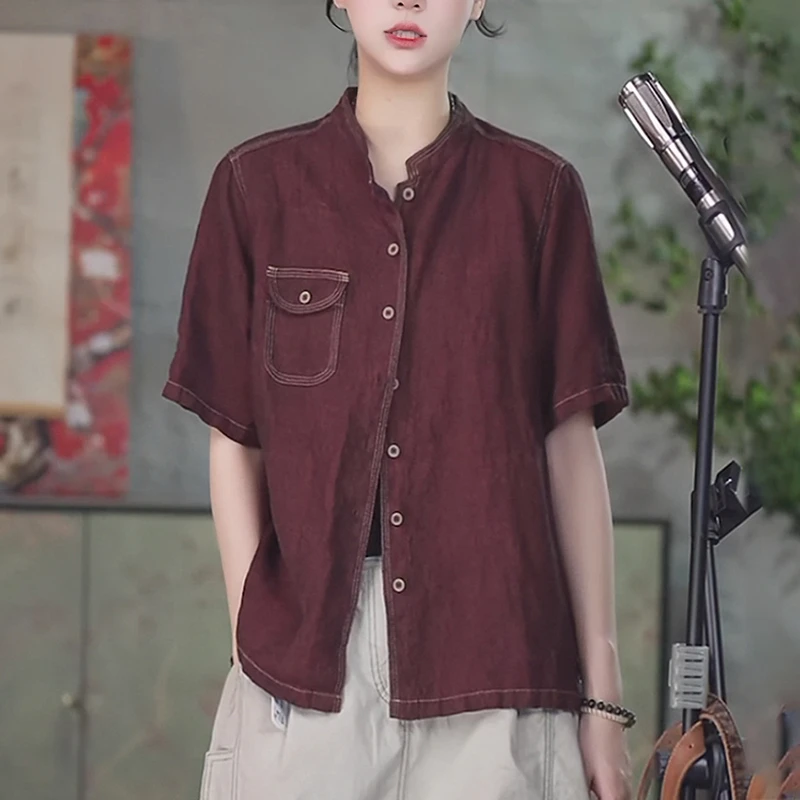 立领亚麻气质短袖衬衫女士夏季2025新款宽松时尚减龄显瘦高端上衣