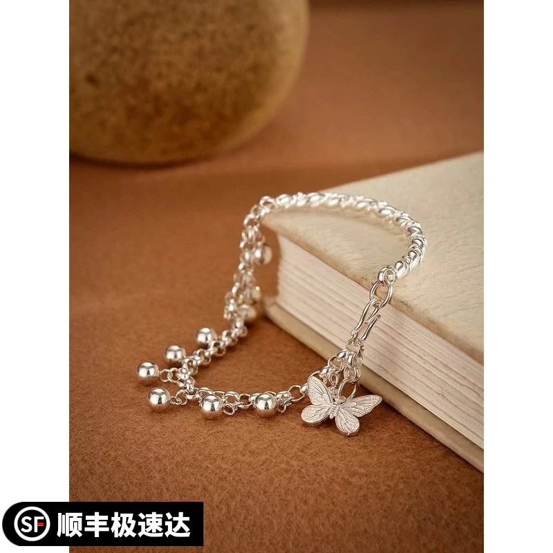 9999银手镯手链女简约清新圆球蝴蝶原创手环半镯饰品礼物冷淡风
