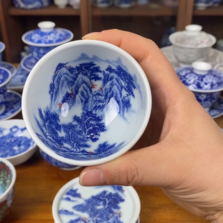 青花手绘山水缸杯