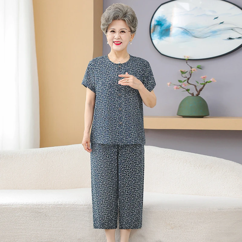 奶奶夏装短袖套装中老年人女妈妈装棉绸开衫老太太人造棉两件套