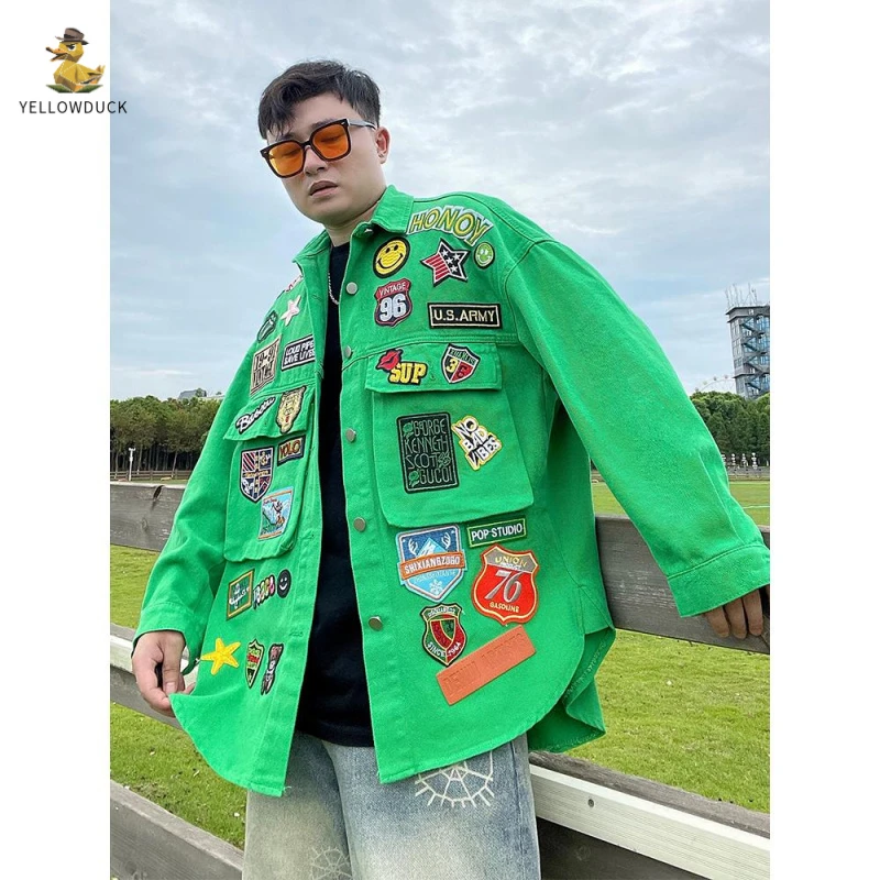 美国时尚品牌个性化徽章刺绣宽松牛仔衬衫夹克的男子和妇女中长度