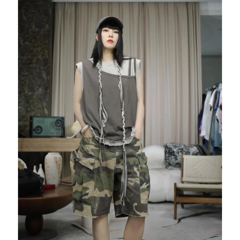 infobyfive夏季围脖真两件木耳边飞飞袖马夹吊带背心NF0504254