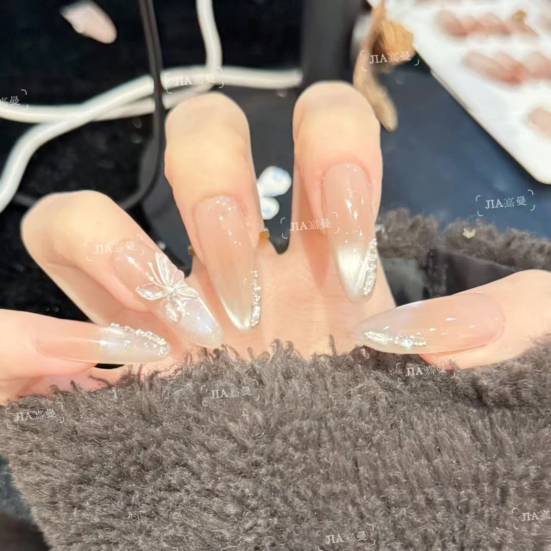 【霜蝶】纯手工穿戴甲裸色猫眼温柔纯欲美甲可拆卸猫眼细闪贴片