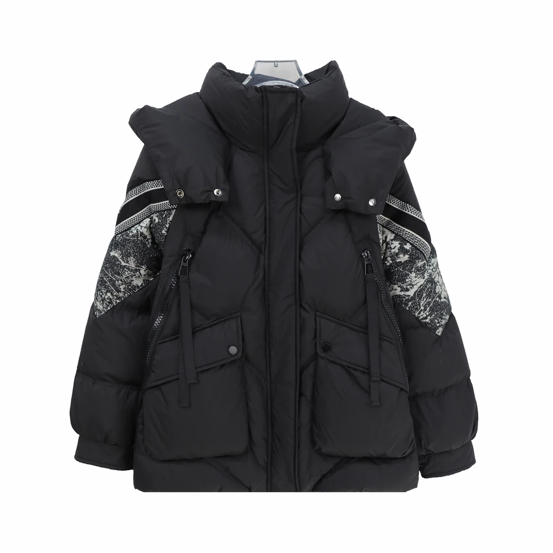 冬季时尚水墨画拼接袖休闲连帽大口袋羽绒服外套U253