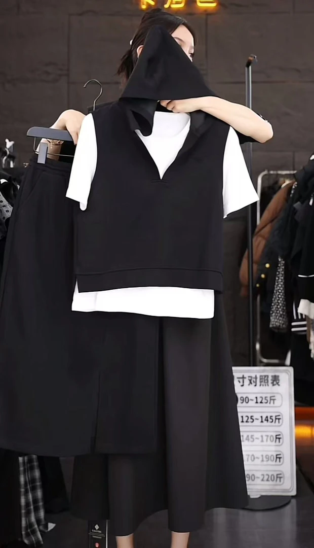 【原创大码设计师款】欧洲站连帽卫衣短袖T恤半身裙三件套3279