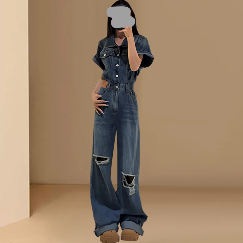 美式复古毛边短袖连体裤女2025夏季设计感破洞收腰牛仔连衣拖地裤