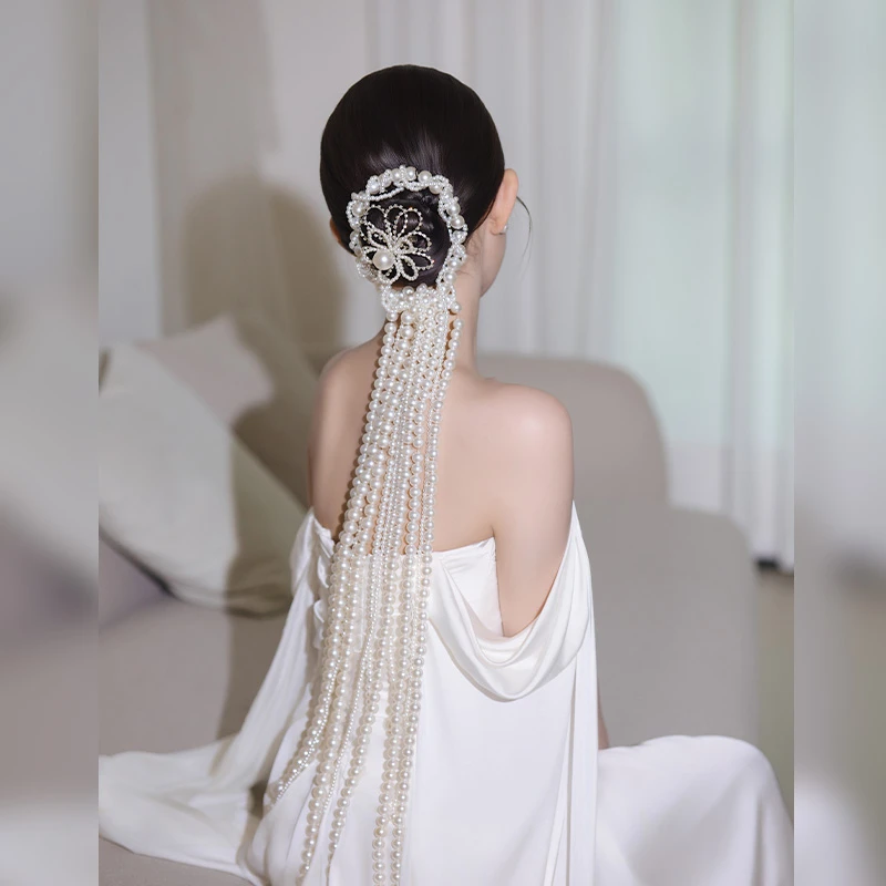 合金仿珍珠婚庆饰品 新娘高级感小众长款后区礼服婚礼发饰品D0568