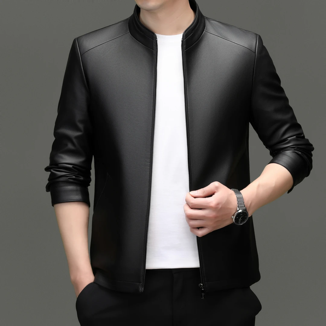 2025款男士春秋立领皮衣男商务潮流青年修身外套时尚韩版男士上衣