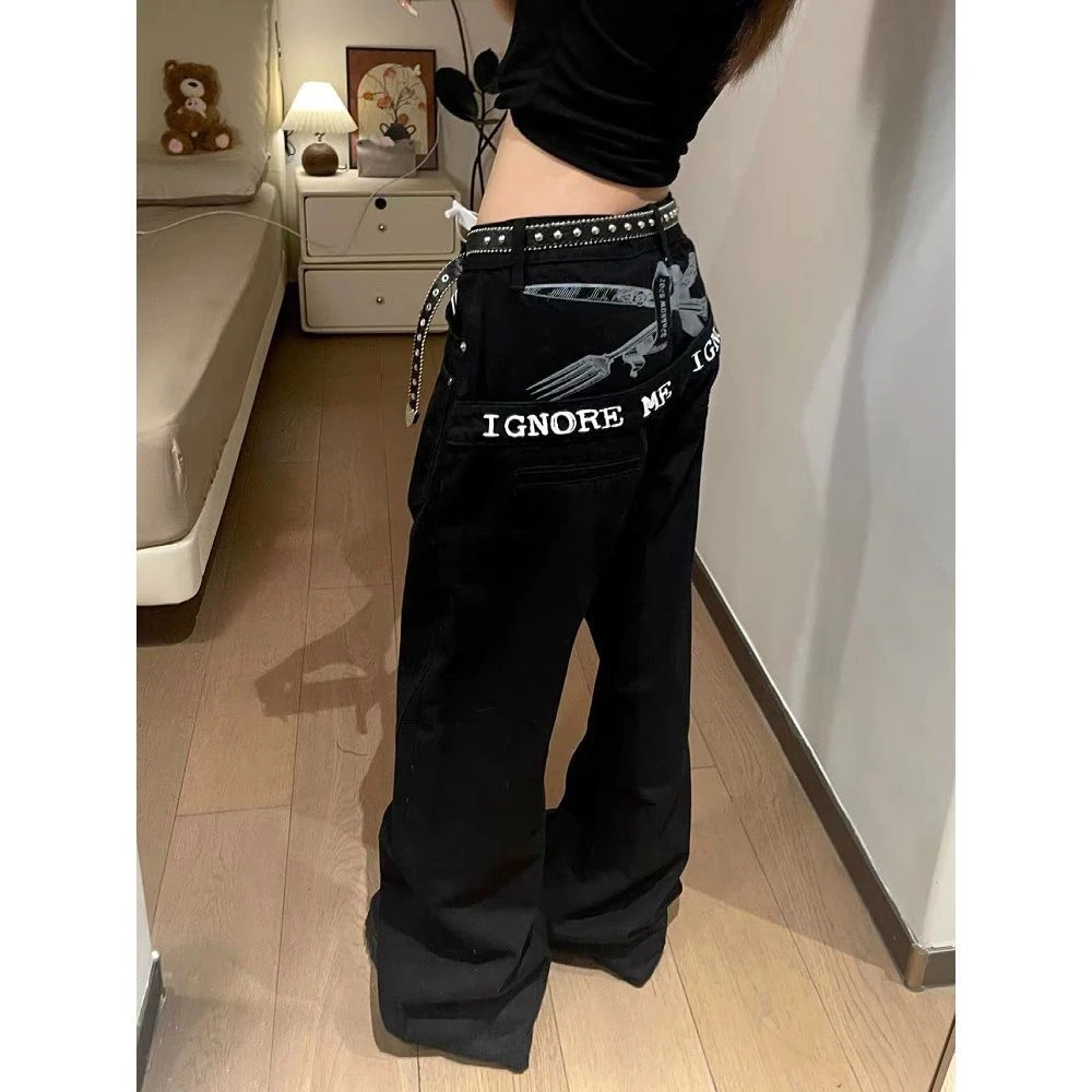 迟星美式复古个性标语字母廓形拼接牛仔裤男女宽松bf慵懒风弯刀裤