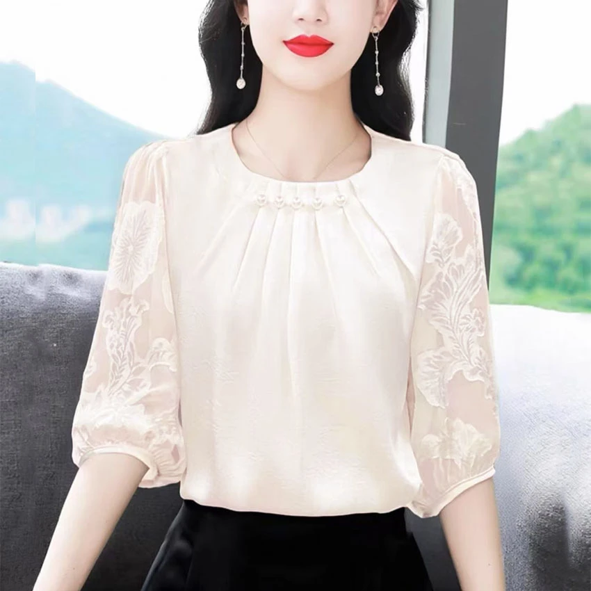 夏季新款t恤百搭宽松时尚气质短袖圆领洋气五分袖上衣女