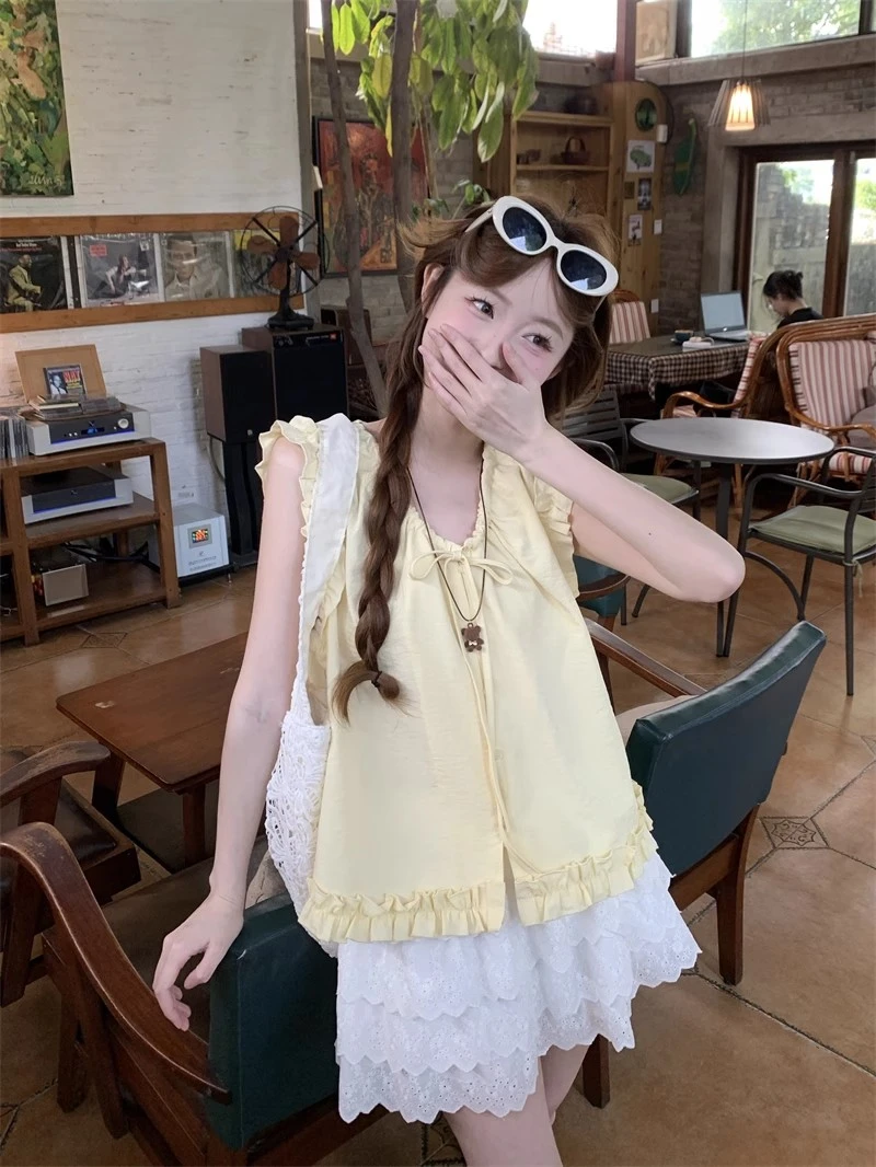 韩系甜美减龄木耳边V领系带无袖衬衫女夏季百搭小众上衣